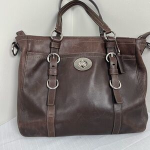 Coach Dark Brown Leather Satchel with Silver Hardware